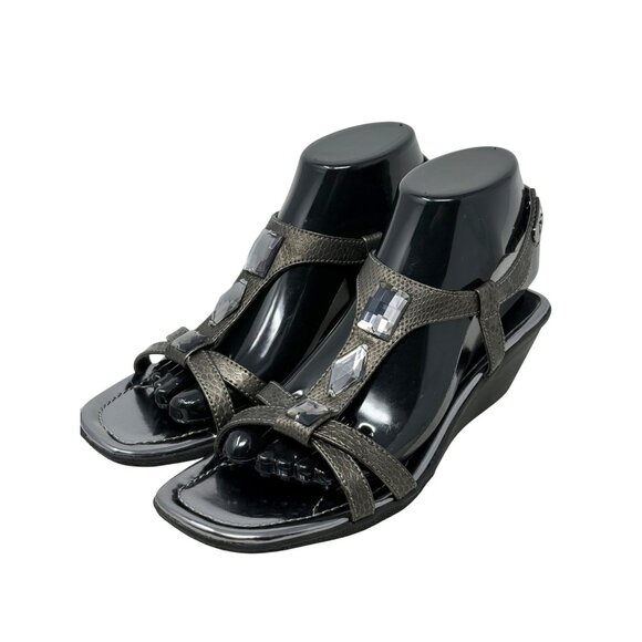 Anne Klein Makala Pewter Gray Wedge Sandals 7M Jewel Accents Ankle Strap - READ - Picture 3 of 15